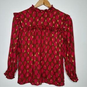 OLIPHANT Ruffle Neck Long Sleeve Metallic Blouse Size XS